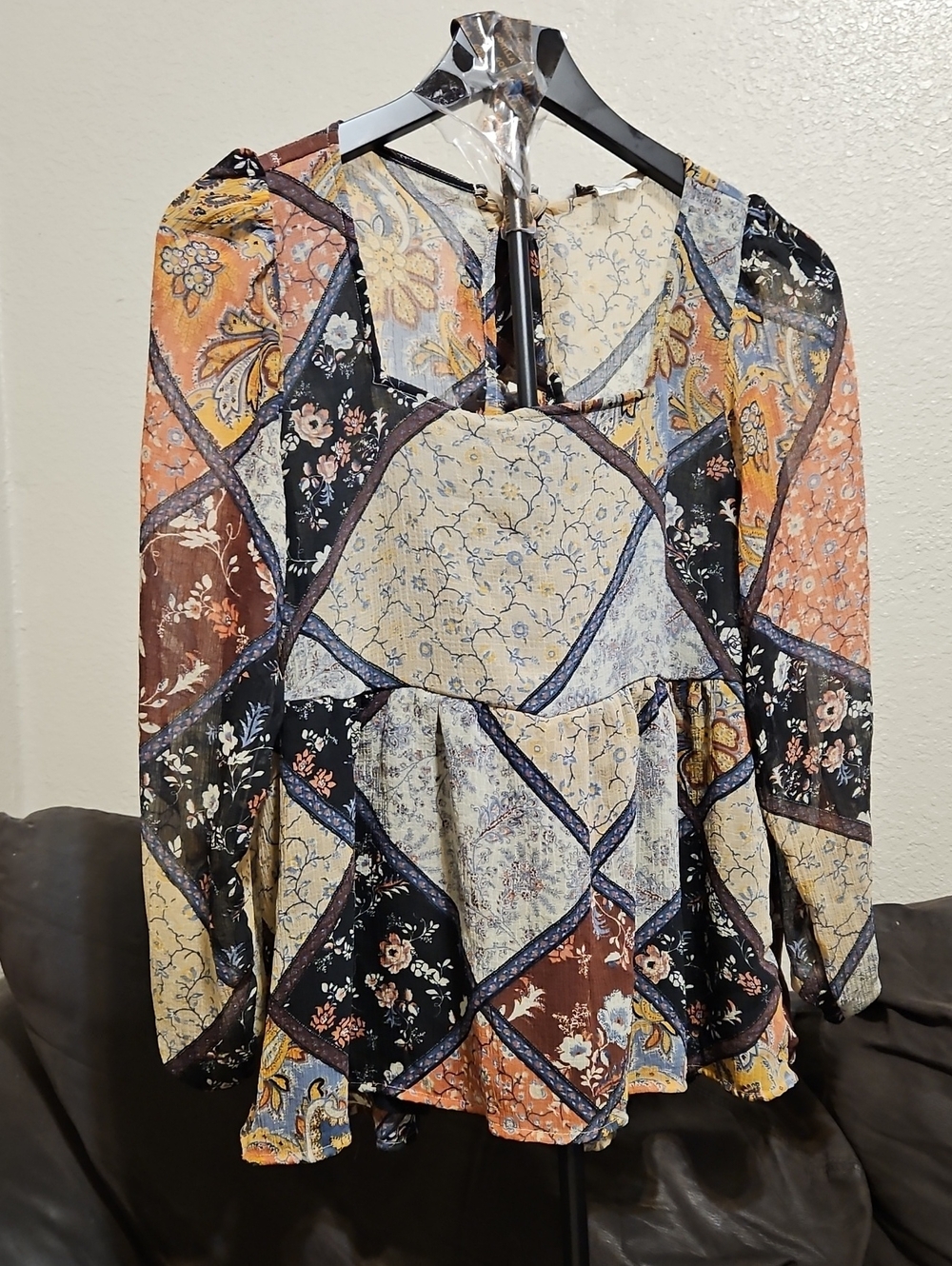 American Eagle Outfitters Multicolor Patchwork Floral Peasant Top - Picture 1 of 9